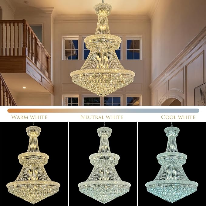 36-Lights High Ceiling Chandelier, 42'' W Modern Chrome Crystal Chandeliers Large Foyer Chandelier Fixtures for Staircase, Living Room, Hallway Entryway, Silver