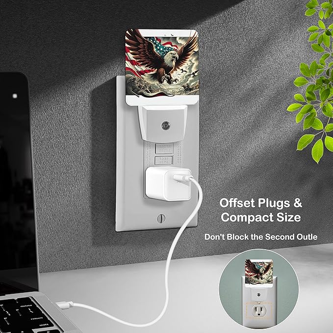 LED Night Light Lamp with Smart Sensor Dusk to Dawn Sensor,Bald Eagle Spreads Wings with American Flag American Patriotism Historical Military Night Light Daylight White,0.5W Plug-into Wall