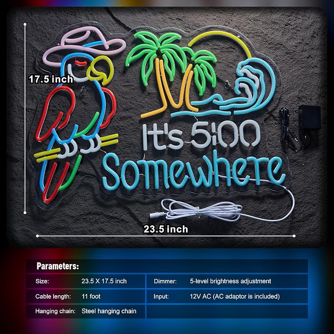 Large Size Parrot Its 5 00 O'clock Somewhere Neon Sign Bar Beer Beach Decor | Palm Tree LED Lights Tropical Coconut It's Five O'clock Some Where Light Up Signs 12v AC Dimmable Man Cave (24 inch)