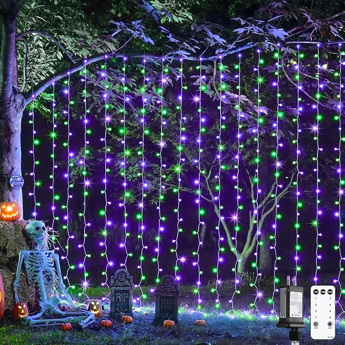 JMEXSUSS 300LED Purple & Green Curtain Lights for Halloween Decor, Plug in | 9.8x9.8ft, Halloween Curtain Lights with Remote, Twinkle Hanging String Light for Bedroom Wall Window Backdrop Indoor Outdoor