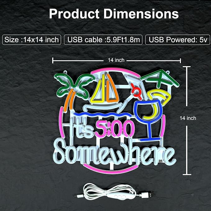 It's 5:00 Somewhere Neon Sign, 14x14 Inch Cocktail Theme LED Light with Dimmable Switch for Party and Home Decoration