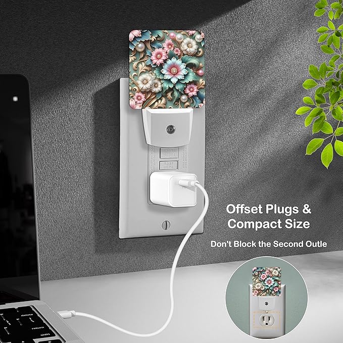 LED Night Light Lamp with Smart Sensor Dusk to Dawn Sensor,Floral Pink and Blue Flowers with Pearls Leaves Night Light Daylight White,0.5W Plug-into Wall for Adults,Bedroom,Hallway,Kitchen