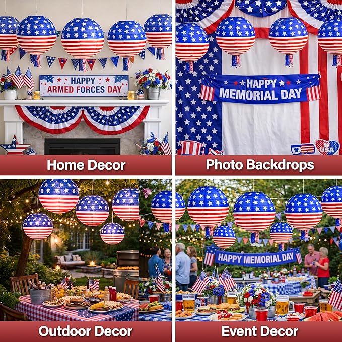 Mudra Crafts 12 In 10 American Flag Paper Lanterns Red White Blue Decorations for Armed Forces & Memorial Day Décor - USA Citizenship Event Patriotic Decorations