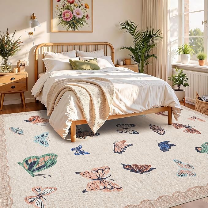 GarveeHome Butterfly Area Rug 9x12, No Slip Washable Rug, Modern Bedroom Rug Under Bed Ultra Carpet, Low-Profile Rugs for Living Room Bedroom Dining Room, Apricot