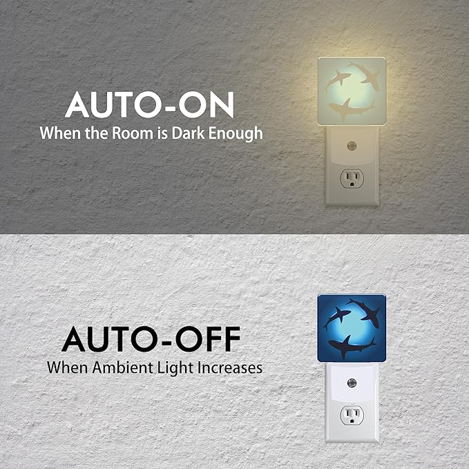 Ocean Floating Sharks Night Light,Plug into Wall with Dusk to Dawn Light Sensors,LED Nightlights for Bedroom,Bathroom,Kitchen,Hallway,Room Decor for Boys Girls Women Men