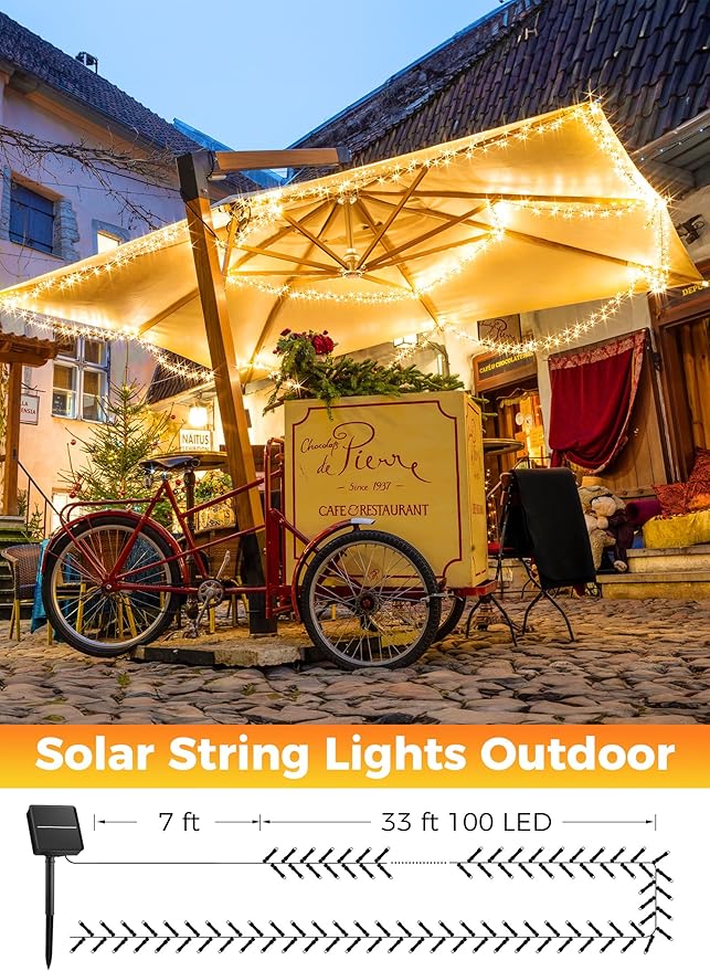 Minetom Solar String Lights Outdoor Waterproof- 40 FT 100 LED Solar Powered String Lights with 8 Lighting Modes, IP65 Waterproof Solar Christmas Lights for Outdoor Outside Tree Party Decor, Warm White