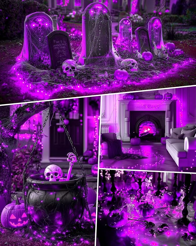 Halloween Fairy Lights Battery Operated, 5 Pack 7 FT 20 LED String Lights | Fairy Lights with Timer, Black Wire Halloween String Lights Indoor, Fairy Lights for Bedroom Classrom, Purple