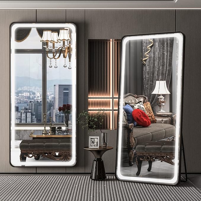 Hasipu Full Length Mirror with Lights, 71" x 28" LED Floor, Full Body Dressing Standing, Hanging Mounted Mirror, Round Black