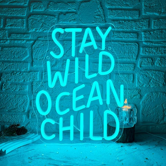 Stay Wild Ocean Child Neon Sign, Dimmable LED Kids Room Neon Light, Boho Surf Wall Art Kids Ocean Surf Bedroom Baby Playroom Wall Decor Party Gift(10.2 * 13in)