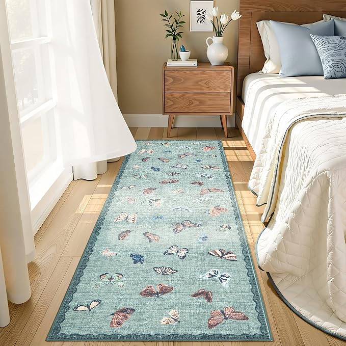 GarveeHome Butterfly Area Rug 2x6, No Slip Washable Rug, Modern Bedroom Rug Under Bed Ultra Carpet, Low-Profile Rugs for Living Room Bedroom Dining Room, Light Green