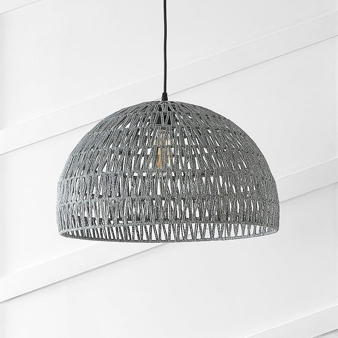 JONATHAN Y Campana 1-Light Pendant Dome Ceiling Lamp, 20", Gray | Modern Coastal Farmhouse Decor, Adjustable Height, Woven Rope Metal Frame, LED Bulb Included, UL Listed