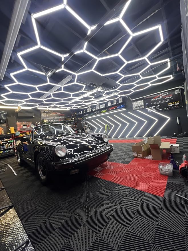 MODERN 11Grids Hexagon Garage Light: 48Pack 384W 47000LM High Brightness Hexagon Garage Lights-Easy Install Honeycomb Ceiling Lights for Warehouse, Gym Basement, Exhibition Hall