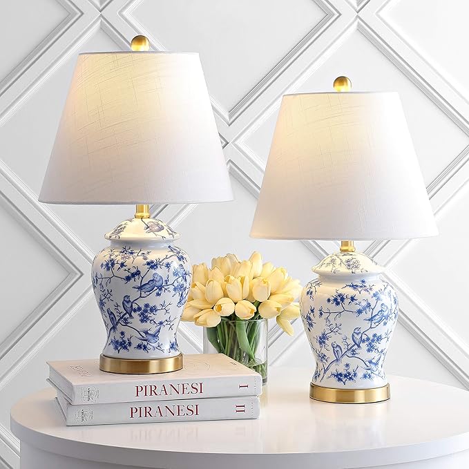JONATHAN Y Penelope Ginger Jar 22" LED Table Lamp, Blue/White, Set of 2 | Chinoiserie, Ceramic Metal Construction, French Country Traditional, Linen Empire Shade, Brass Gold, LED Bulb Included