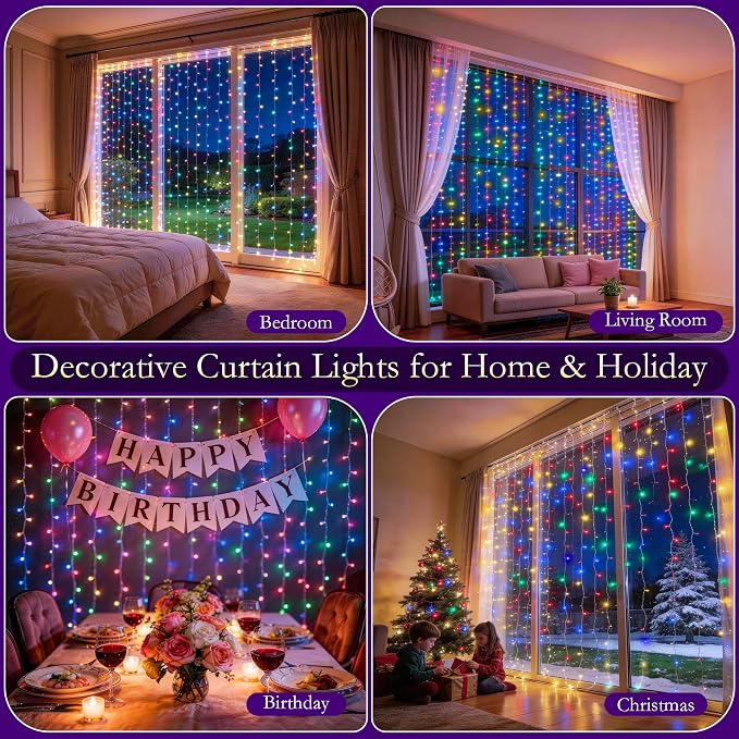 Curtain String Lights Indoor, 200LED 6.6 * 6.6FT USB Plug-in Window Curtain Lights with Timer and 8 Modes, Waterproof Multicolor Curtain Fairy Lights for Bedroom Room Wedding Outdoor Decor