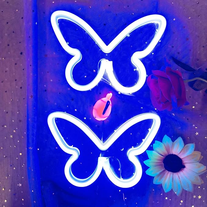 Butterfly Neon Signs for Wall Office Dorm Wedding Birthday Party Room Decor,Neon Butterfly Led Signs Butterfly Decorations for Teen Girls,USB or 3-AA Battery Powered(2Pack Blue)
