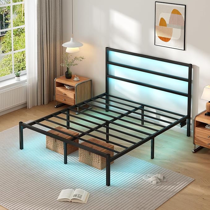 CLIBFENG Queen Size Bed Frame with Headboard,Heavy Duty Steel Slats Support-LED Bed Frame with USB Charging Station,Mattress Foundation-Under Bed Storage,No Box Spring Needed,Noise Free，Black