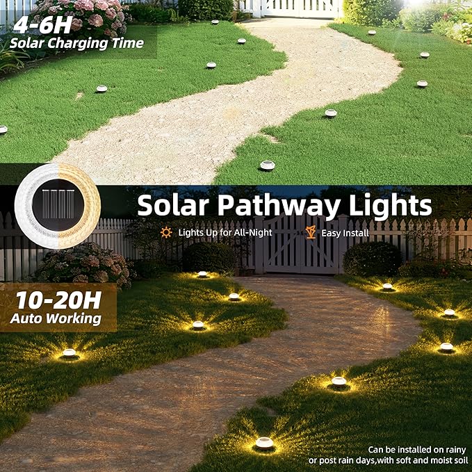 VOLISUN Solar Ground Lights Outdoor,16 Pack Flat Solar Pathway Lights | IP67 Waterproof Solar Powered Disc Lights,Landscape Lighting for Garden Yard Walkway Patio Driveway,Warm White