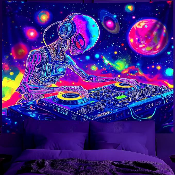 BVBOX Blacklight Space Astronaut Tapestry UV Reactive Galaxy Planet Glow in Dark Tapestries Black Light Poster Neon Wall Hanging Art for bedroom Living Room (Alien 2-1M)