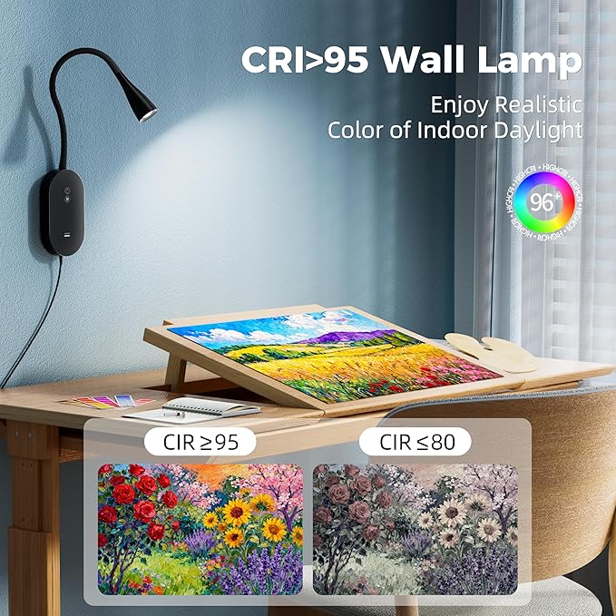 deeloop LED Wall Mount Reading Lamp, CRI 95+ Wall Sconce Light with 10W USB Output，4 Color 5 Dimming Touch Control Wall Lamps with 4 Hours Auto-Off Bed Lighting Spotlight Black