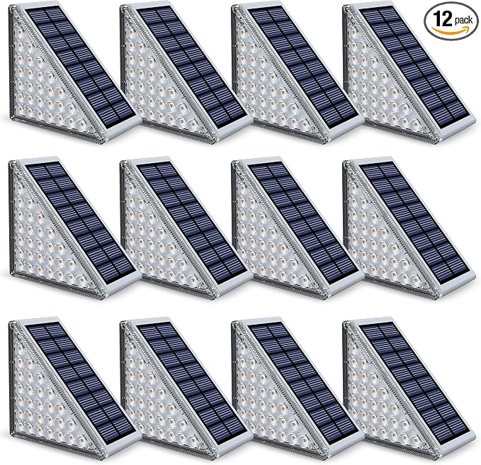 Outdoor Step Lights, Upgraded 28 LEDs 2 Brightness Modes, IP67 Waterproof Solar Stair Lights for Outside Steps, 1200mAh Battery Long Runtime Warm White for Patio Deck Yard Porch, 12 Pack