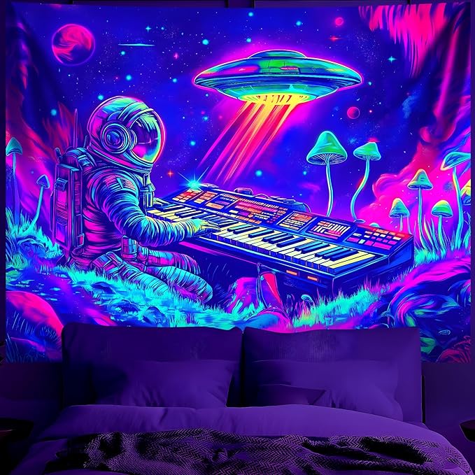 BVBOX Blacklight Space Astronaut Tapestry UV Reactive Galaxy Planet Glow in Dark Tapestries Black Light Poster Neon Wall Hanging Art for bedroom Living Room (Astronaut Play the Keyboard-1M)