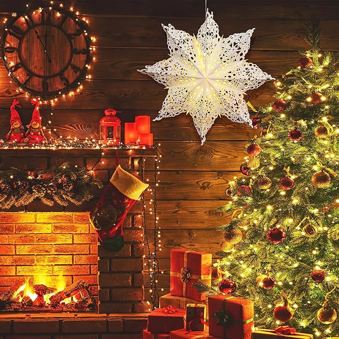Mudder 23.6 Inch Christmas Paper Snowflakes Star Lantern with Light Parol Lantern Filipino Party Supplies Hanging Decoration for Weddings Christmas Trees Birthday Holiday Party Celebration