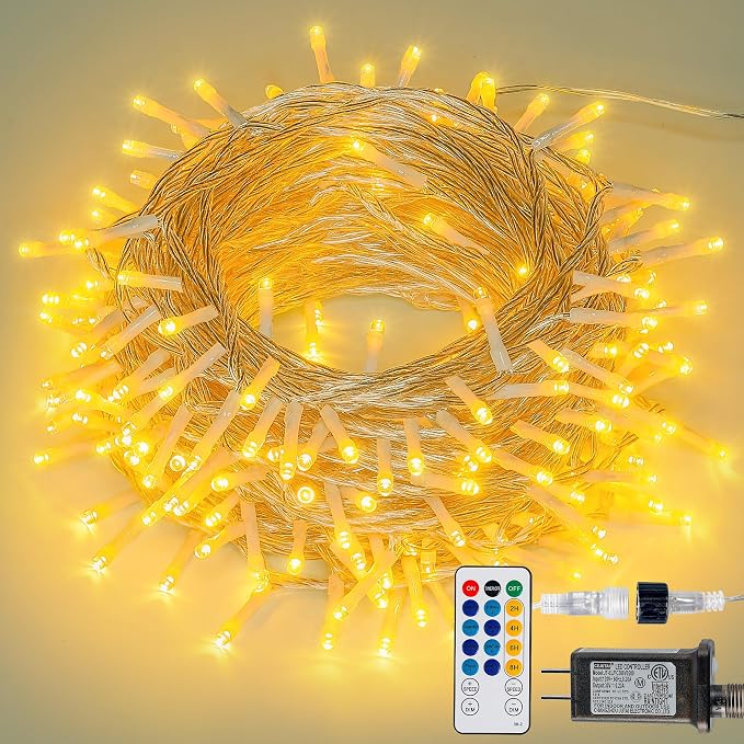 98FT 200 LED Warm White Christmas Fairy Twinkle String Lights Indoor | Remote Control, 8 Modes with Memory, 4 Dimmable Brightness, 3 speed levels, Connectable, IP65 Waterproof, Transparent Wire