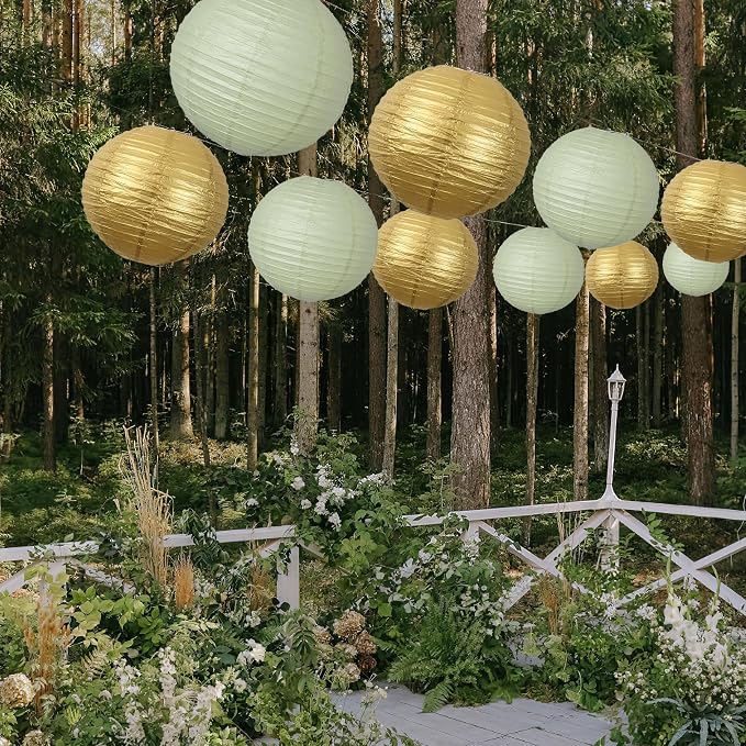 20Pcs Paper Lanterns Decorative, Sage Green and Gold 6"8"10" for Home Decor | Round Hanging Paper Lanterns Decorations for Rustic Party Bridal Shower Wedding Engagement Birthday Classroom Ceiling Decor
