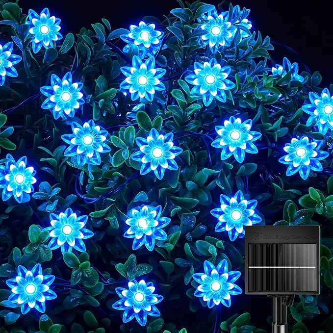 Brightown 50 LED Flower Solar String Lights Outdoor Waterproof, Blue | Solar Powered Fairy Lights with 8 Modes for Garden Fence Yard Patio Christmas Tree Party Wedding Decor