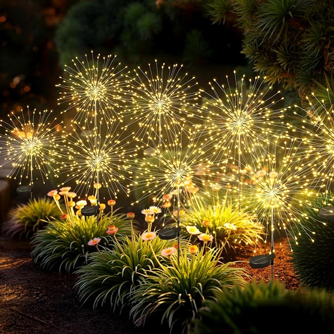 8Pack Solar Lights Outdoor, 120LED Firework Lights | Fireworks Lights Solar Powered, Waterproof Fairy Garden Lights Decor Outside for Yard Pathway Lawn Patio(Warm White)