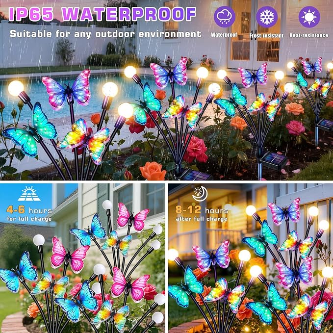 Solar Garden Lights Outdoor, Butterfly Firefly Lights 4 Pack, Waterproof | 3 Dynamic Fluttering Butterfly & 3 Firefly, Solar Garden Decor For Yard, Patio, Lawn, Gifts For Mom Women