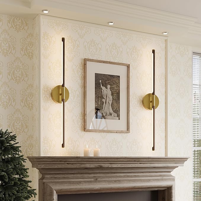 24" Battery Operated Wall Sconce Set of 2, 350° Rotating Lamp, Walnut Gold | Wireless, 8000mAh Rechargeable Battery, Stepless Dimming, 3000K-6000K, Remote & Touch Control, Timer, Living Room, Bedroom