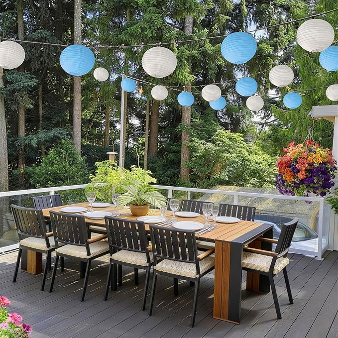 KNONEW 10 Pack White Outdoor Silk Lanterns Decorative, 10inch Waterprooof Outside Indoor Chinese Hanging Round Lanterns for Weddings, Birthdays, Parties Decoration (Blue and White)