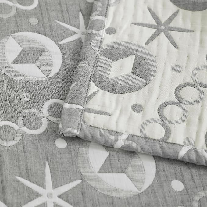 NTBAY 3 Layer Muslin Toddler Blanket, 30 x 40, Grey Starfish | Breathable Muslin Cotton Outer Layers with Light Thermal Fill, Reversible for Stroller, Daycare, Travel, and Supervised Use