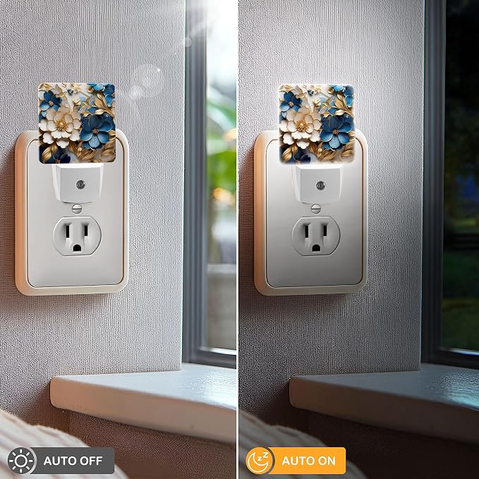 LED Night Light Lamp with Smart Sensor Dusk to Dawn Sensor,Gold and Blue Flowers Night Light Daylight White,0.5W Plug-into Wall for Adults,Bedroom,Bathroom,Hallway,Kitchen