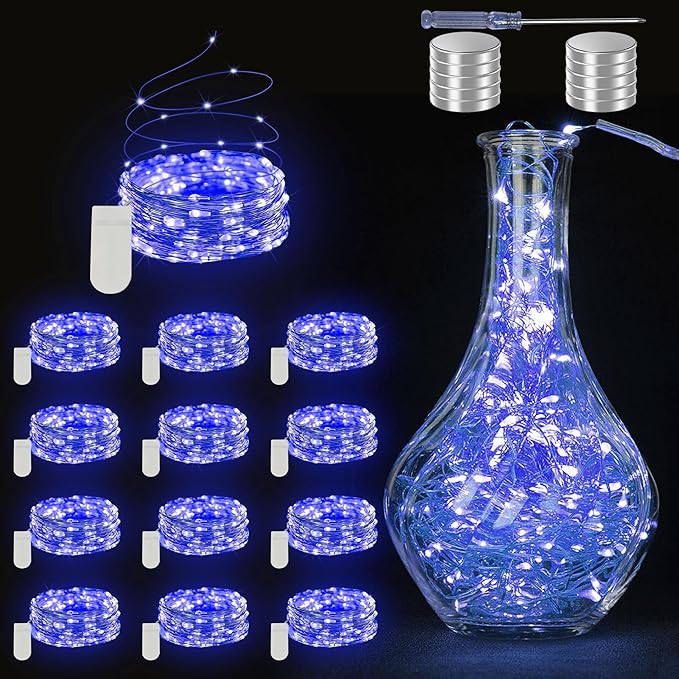 12 Pack Fairy Lights Battery Operated String Lights - 7ft 20 LED Waterproof Silver Wire Firefly Lights for DIY Wedding Décor Table Centerpieces Craft Mason Jars Party Decor (Blue)