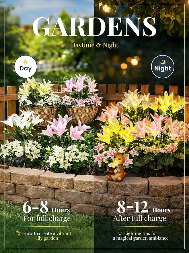 GIGALUMI Solar Garden Lights, 4 Pack LED Lily Solar Flower Lights Outdoor | Garden Decor Carefree Artificial Flowers Lily, 3 Lighting Mode, Yard Decorations, Gardening Gifts (1Yellow, 1White,2Pink)