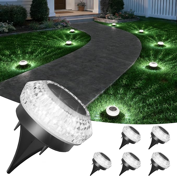 VOLISUN Solar Ground Lights Outdoor,6 Pack Flat Solar Pathway Lights | IP67 Waterproof Solar Powered Disc Lights,Landscape Lighting for Garden Yard Walkway Patio Driveway,Cool White