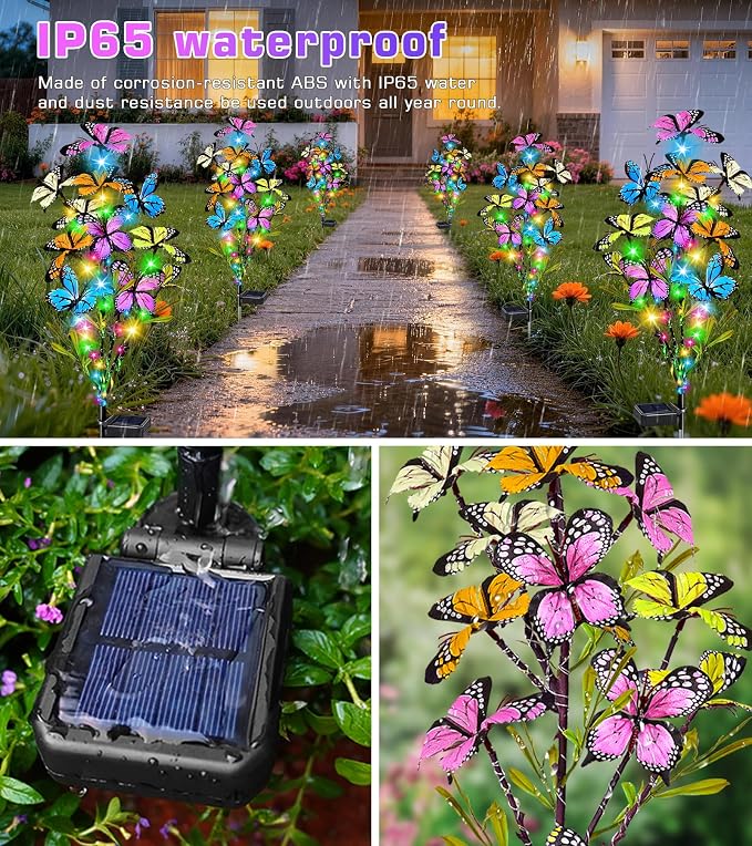 Solar Garden Lights Outdoor, 4 Pack 240 LED Butterfly Lights, Waterproof | 54 Colorful Butterflies and 240 LEDs Garden Decor, Waterproof Yard Decor for Patio and Lawn, Gift for Women and Mom