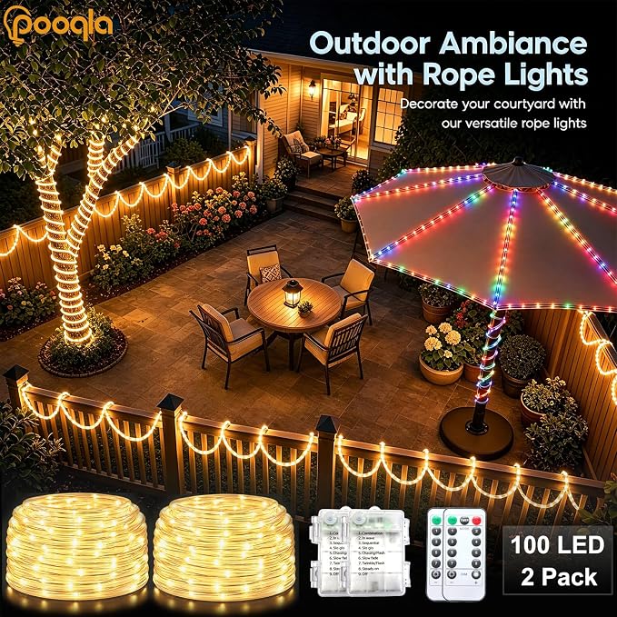Rope Lights Outdoor, 2 x 100LED Warm White Battery String Lights | Rope Lights Outdoor with 8 Modes Remote&Timer, Waterproof Battery Operated Camping Lights for Car Trampoline