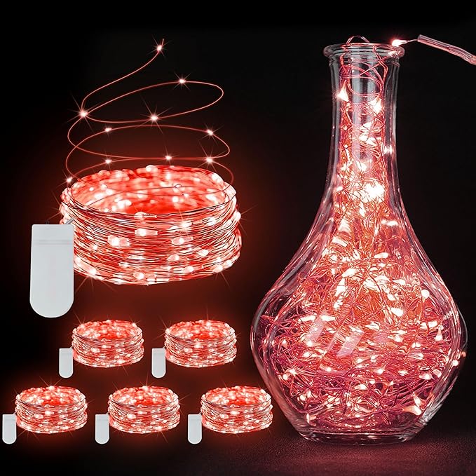 6 Pack Fairy Lights Battery Operated String Lights - 7ft 20 LED Waterproof Silver Wire Firefly Lights for DIY Wedding Décor Table Centerpieces Craft Mason Jars Party Decor(RED)
