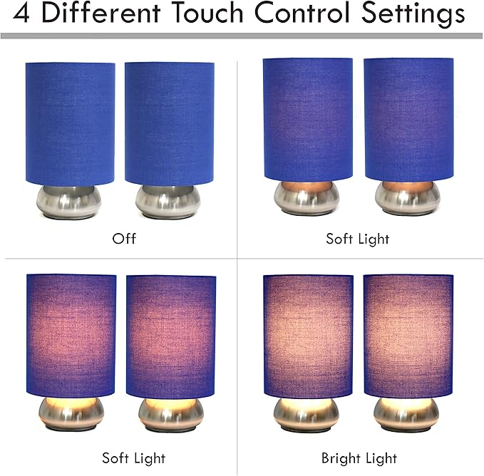 Simple Designs LT2016-BLU-2PK Gemini Brushed Nickel 2 Pack Mini Touch Lamp Set with Fabric Shades, Blue