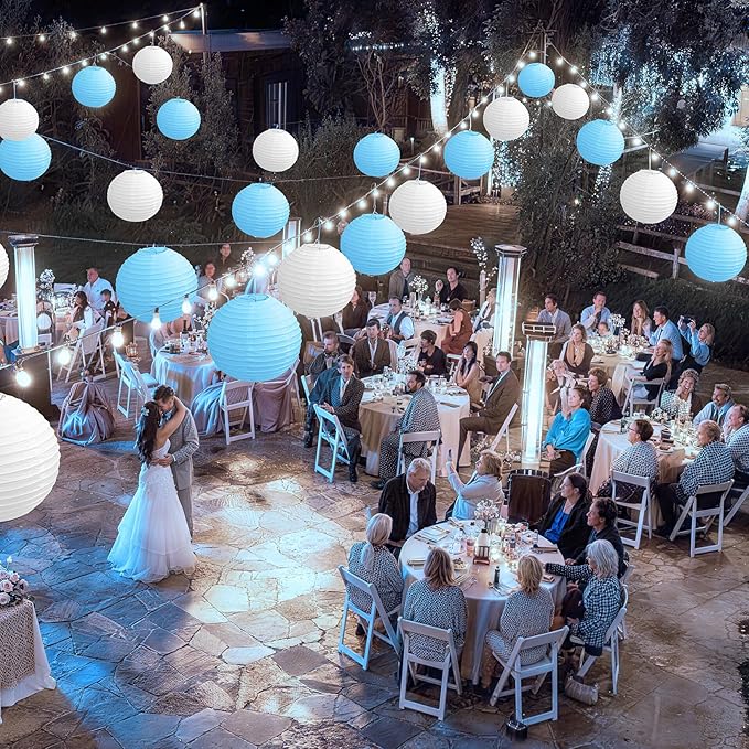 KNONEW 10 Pack White Outdoor Silk Lanterns Decorative, 10inch Waterprooof Outside Indoor Chinese Hanging Round Lanterns for Weddings, Birthdays, Parties Decoration (Blue and White)