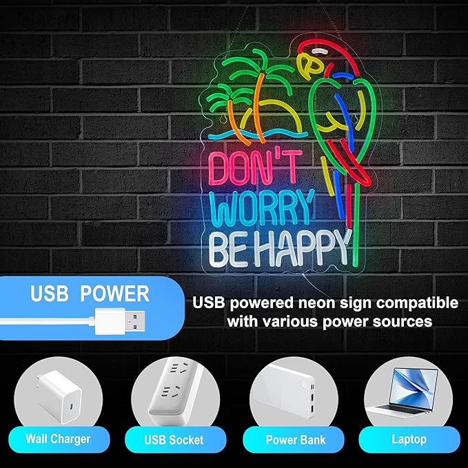 Don't Worry Be Happy Neon Sign for Wall Décor Dimmable USB Beer Bar LED Neon Light Compatible With Timer for Tiki Bar Decor Man Cave Parties Gift