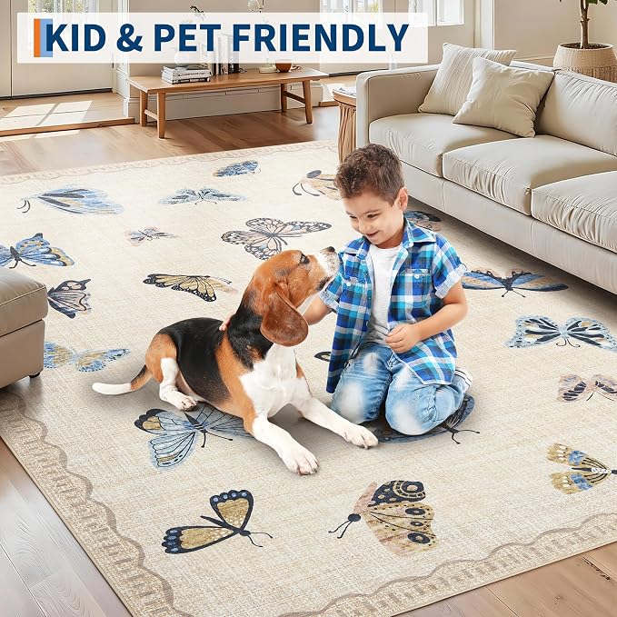 GarveeHome Butterfly Area Rug 2x6, No Slip Washable Rug, Modern Bedroom Rug Under Bed Ultra Carpet, Low-Profile Rugs for Living Room Bedroom Dining Room, Khaki