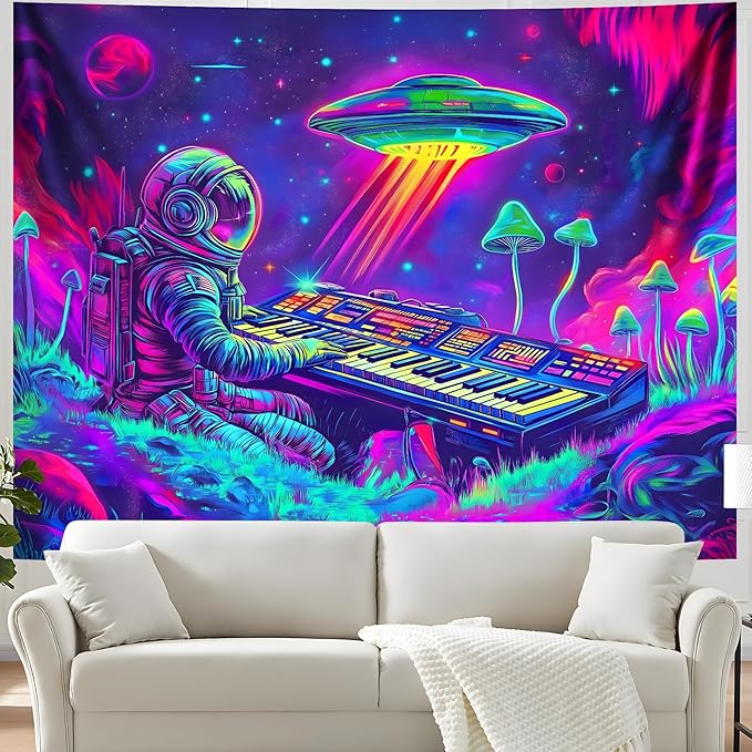 BVBOX Blacklight Space Astronaut Tapestry UV Reactive Galaxy Planet Glow in Dark Tapestries Black Light Poster Neon Wall Hanging Art for bedroom Living Room (Astronaut Play the Keyboard-1M)