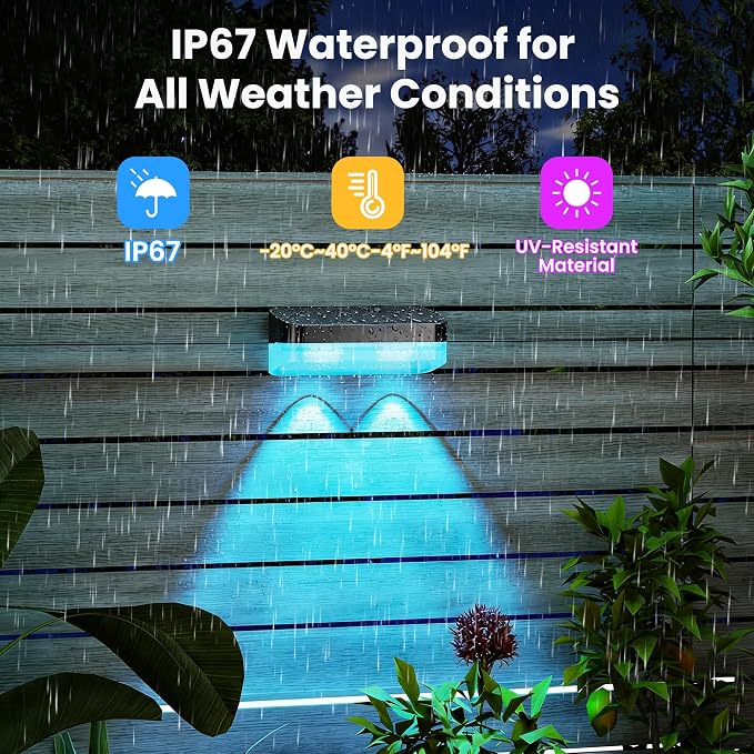 50FT Outdoor Fence Lights, 8 Packs Smart Deck Lights App/Remote Control | 16 Million Monochrome Modes, RGBCW+IC, Color Changing Lights for Fence, IP67 Waterproof for Backyard Railing Decor