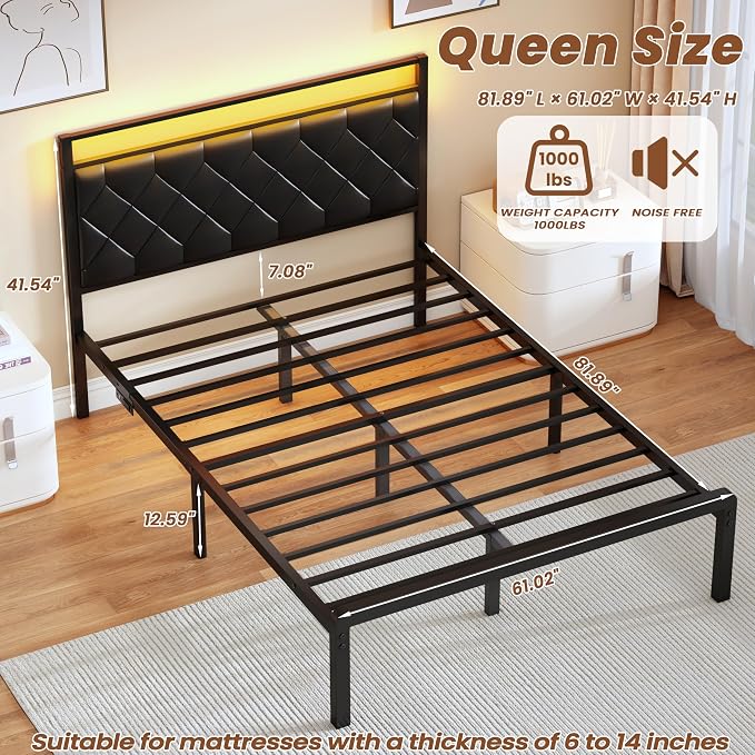 Queen Bed Frame with Headboard PU Leather Upholstered Bed Frame Platform with Charging Station, LED Light, Easy Assembly, Noise Free, No Box Spring Needed, Black