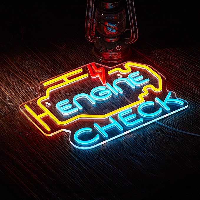 Check Engine Neon Sign for Garage Wall Decor Check Engine Neon Signs Car Auto Repair Workshop Sign with Dimmable USB Powered Signs Décor (15.5X12in)