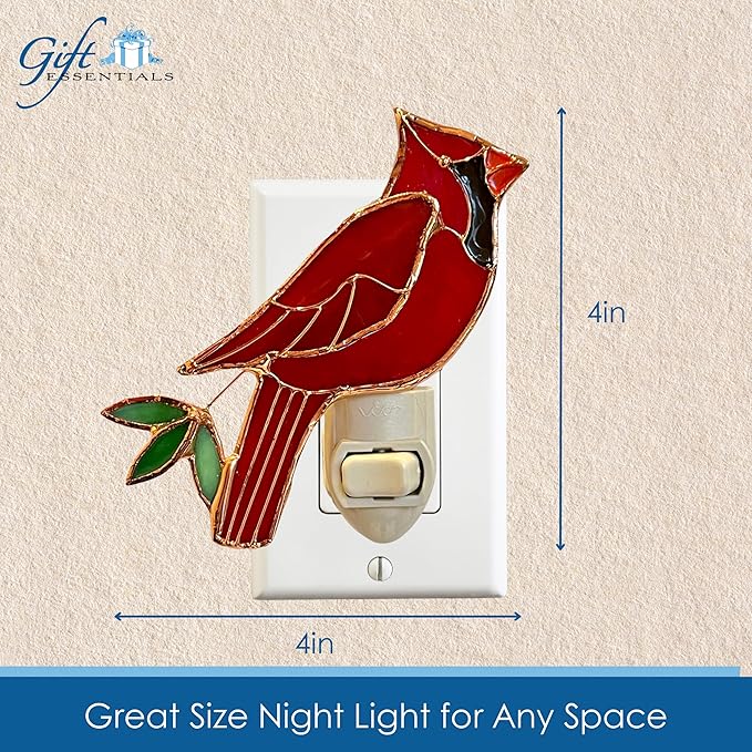 Gift Essentials Red Cardinal Plug in Night Light - Stained Glass Nightlight with On/Off Rocker Switch - Includes One 4 Watt Replaceable Incandescent Warm Glow Bulb